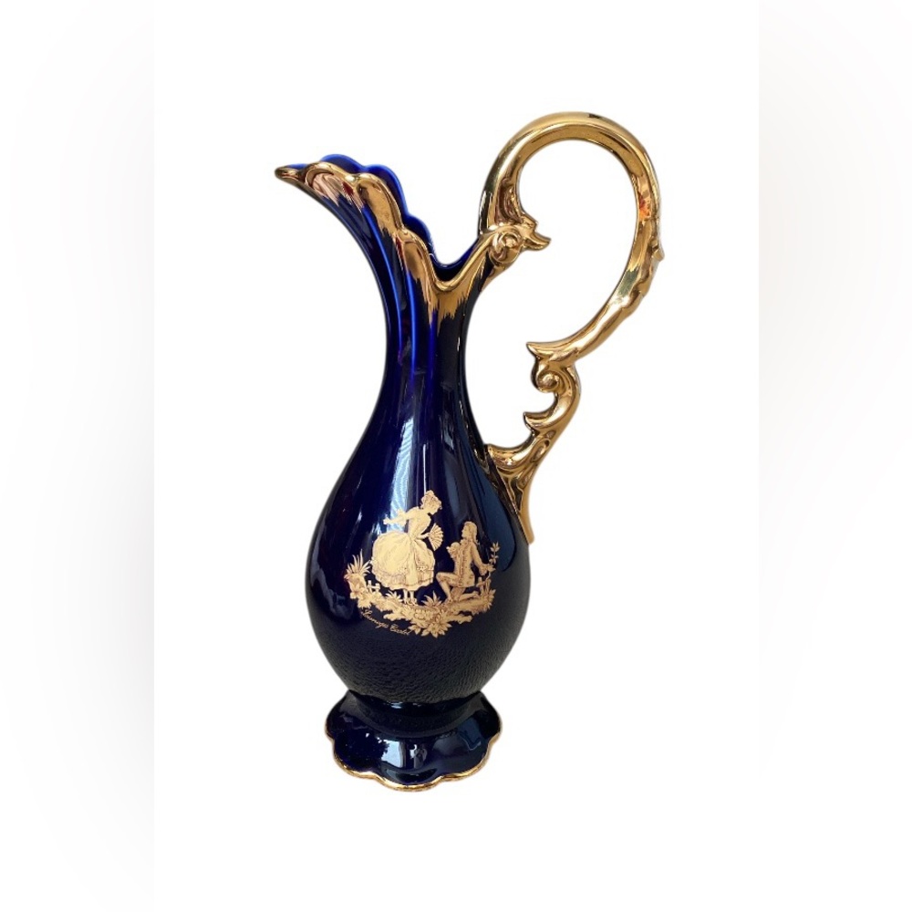 LIMOGES CASTEL France Porcelain Courting Couple Cobalt Blue/ Gold 15”H Pitcher